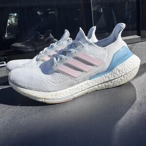 Adidas Ultraboost 21 Shoes Womens Size 9 White Gray Pink Blue Running FY0395
